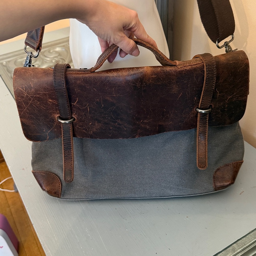 Brown and Gray Leather Messenger Bag - Picture 2 of 9